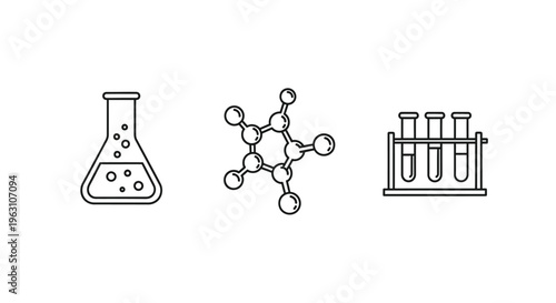 Laboratory equipment icons including beakers molecules and test tubes silhouette