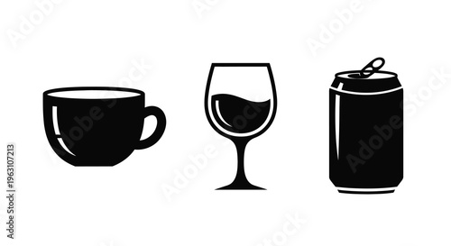 Beverage containers including coffee wine and soda a black silhouette