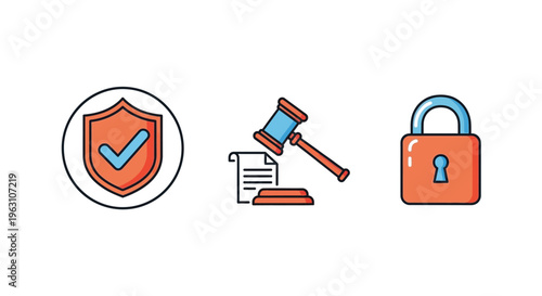Legal icons depicting security justice and protection a silhouette