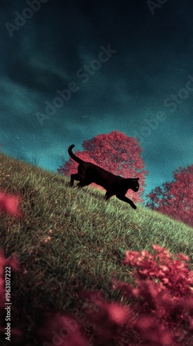 Black cat walking across a grassy hill under a vivid sky with red trees creating a surreal dreamlike landscape