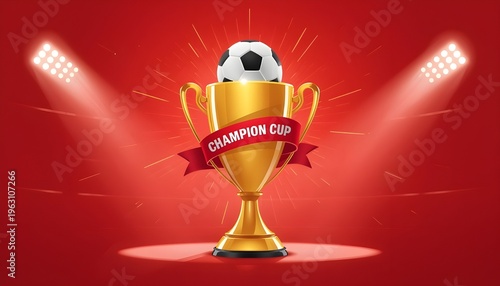 Gleaming golden champion cup adorned with a soccer ball sits proudly beneath bright stadium spotlights on a vibrant red background celebrating victory.