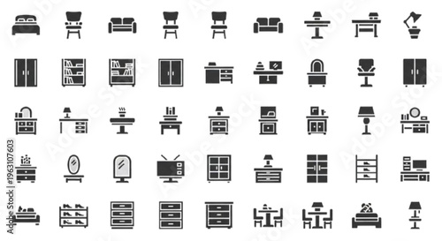 Full furniture icon set including bed, chair, sofa, table, lamp, wardrobe, bookshelf, cabinet, desk, nightstand, dressing table, mirror, TV stand, shoe rack, storage unit, dining set, office furniture