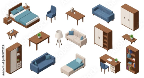 Full furniture collection isometric vector set, bed, chair, sofa, table, lamp, wardrobe, cabinet, desk, bookshelf, realistic 3D isometric style, soft shadows, modern interior furniture pack, clean det