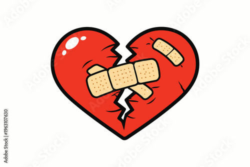 a broken heart symbolically patched together with adhesive bandages to show emotional healing and resilience after pain Vector