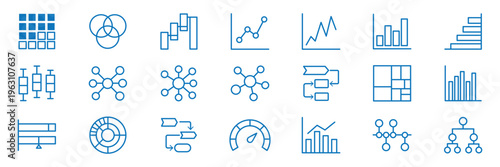 Business analytics infographic icon set vector with charts graphs diagrams and data visualization elements isolated on white background. Chart tree icon set Growth blue icon set. Financial profit blue