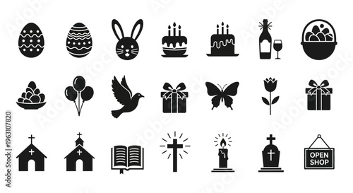 Easter and Celebration Icons Set Black and White.