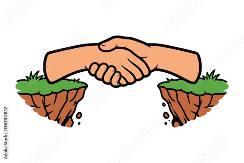 Two hands firmly shaking over small pieces of land with green grass growing on them Vector