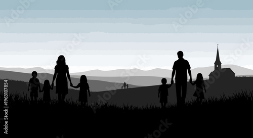 Silhouette of a family walking together, holding hands, with children.