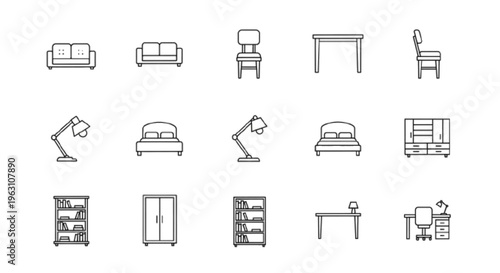 “Furniture icon set preview grid, multiple furniture icons arranged in neat grid layout, consistent spacing, minimal line icons, black on white background, modern UI icon presentation, clean catalog s