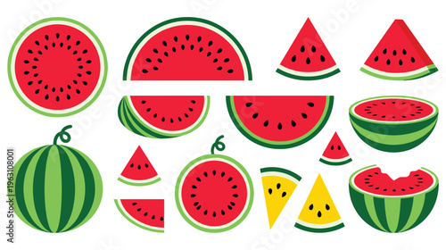 Watermelon fruit set with slices halves and whole berry characters.