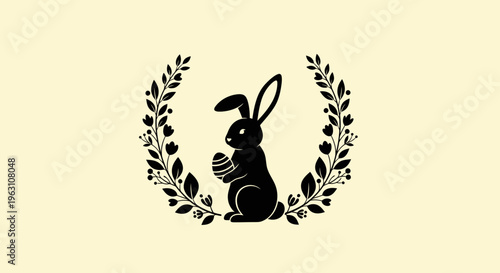 Black silhouette of an Easter bunny holding an egg within a leafy wreath.