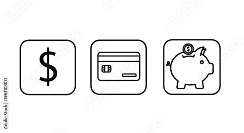 Financial icons depicting money credit card and a piggy bank silhouette