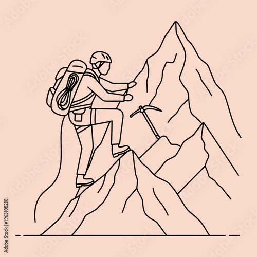 Minimal line of a climber ascending a mountain with a pickaxe line minimal climbing backpack