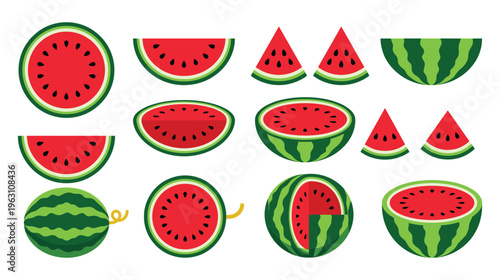 Watermelon slices and whole fruit vector illustrations.