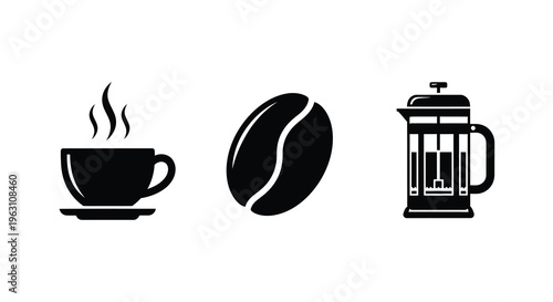 Coffee elements cup bean and french press design silhouette