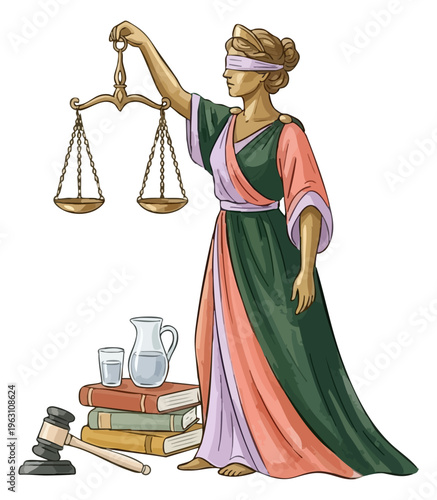 Lady Justice illustration with blindfold, scales, gavel, law books. Blindfolded Themis goddess of justice with balance scales and judge's gavel. Legal concept illustration featuring statue of justice