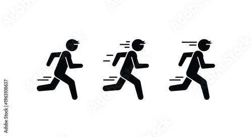 Three figures running in progressive motion a stark silhouette