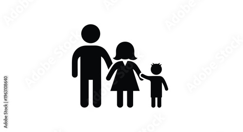 A family of three stands together depicted in black silhouette