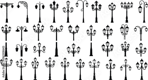 vintage street lamp collection, classic lantern post silhouettes, urban lighting design set, decorative outdoor lights, retro cityscape vector illustration