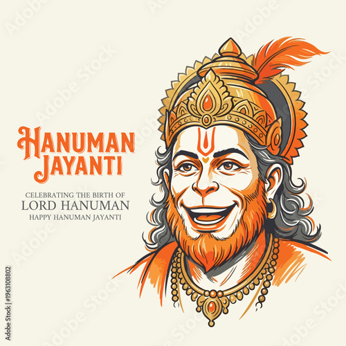 Lord Hanuman Portrait Illustration for Hanuman Jayanti Celebration - Hindu God Vector Art