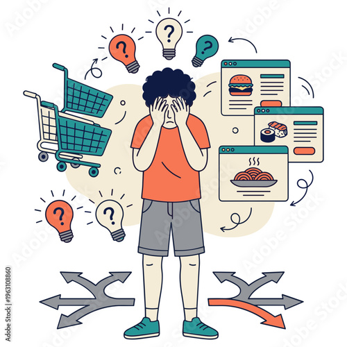 A frustrated man surrounded by shopping cart, food images, and question marks, indicating online shopping confusion.