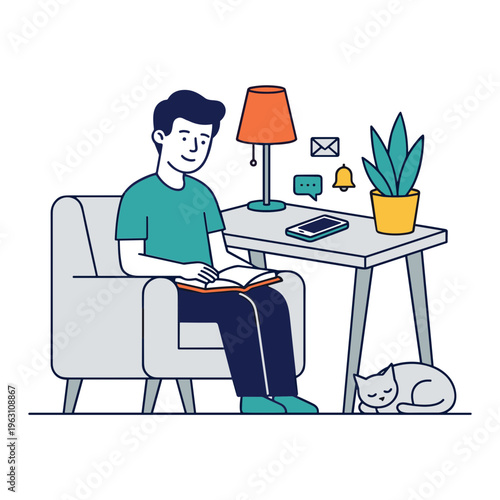 Man sitting on chair with cat reading book at home indoors