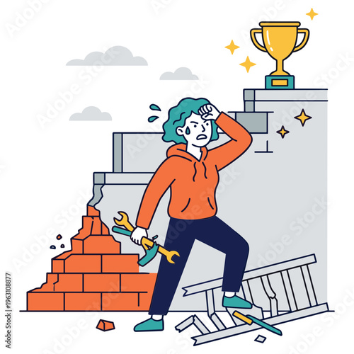 A woman struggles to reach a trophy on a pedestal while holding tools and wearing an orange hoodie in a construction site environment.