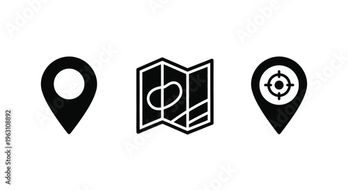 Three black location icons depict mapping and pinpointing a destination silhouette