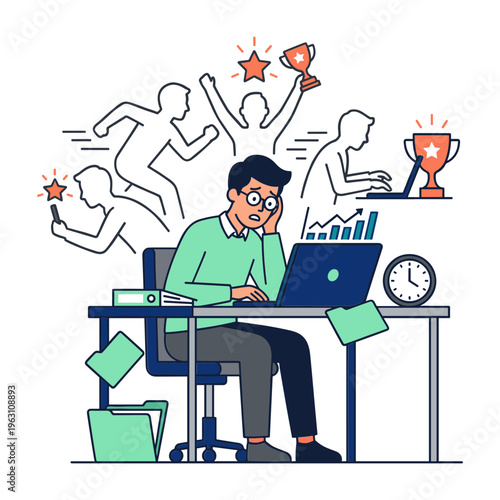 A man sits at his desk with a laptop and thinks about winning while others around him are celebrating.