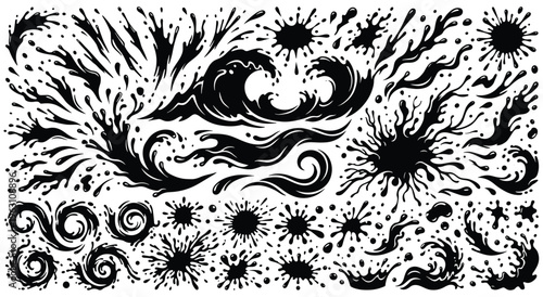 Monochromatic collection of water splashes and paint blots in various shapes