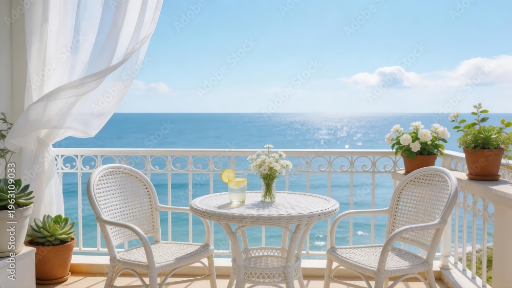 Fototapeta premium Balcony with ocean view and white furniture