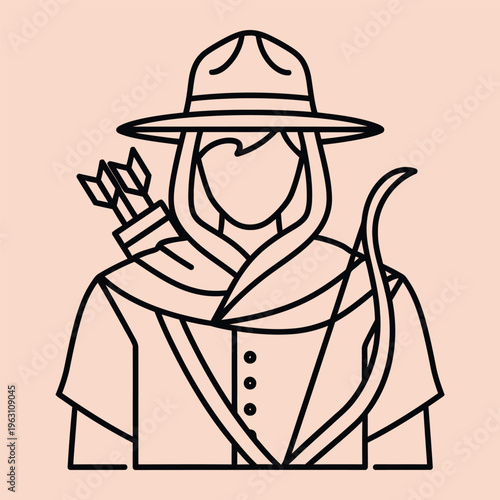 Minimal line of a faceless archer wearing a hat line archer arrows scarf