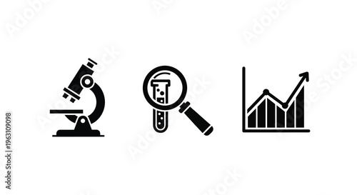 Science icons depicting a microscope magnifying glass and chart silhouette