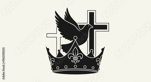 Symbolic representation of faith with dove cross and crown.