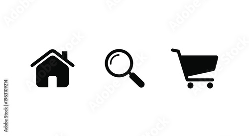 Simple icons representing home search and shopping cart silhouette