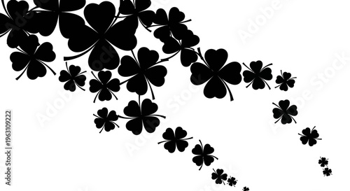 Black four leaf clovers scattered on a white background.