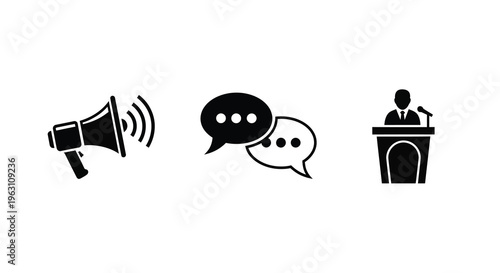 Communication icons depicting speech announcement and presentation silhouette