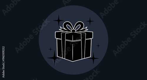 Elegant Gift Box with Ribbon and Sparkles on Dark Background.