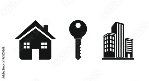House key and skyscraper icons displayed as a dark silhouette