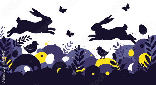 Two Easter bunnies leaping over a vibrant spring landscape with hidden eggs.