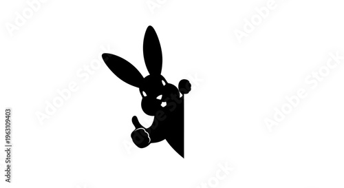 Playful Black Rabbit Peeking with Thumbs Up Gesture.