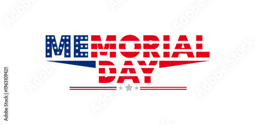 Happy Memorial Day typography logo with American flag stars and stripes pattern
