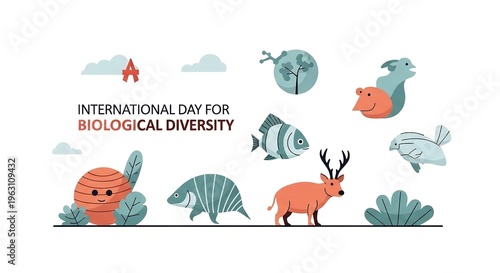 A colorful illustration celebrating International Day for Biological Diversity with various animals and plants