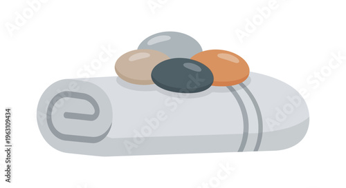 Rolled white towel with smooth stones in spa still life flat design for wellness