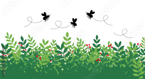 Three black silhouette bees flying above lush green foliage with red berries.