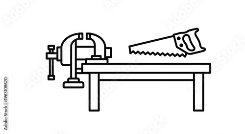 Workbench with vise and handsaw a simple workshop illustration silhouette