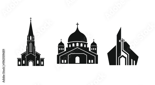 Three distinct church buildings shown in stark black silhouette