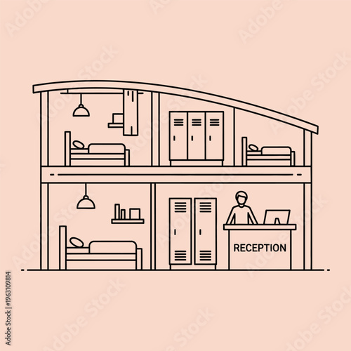 Minimal line of a hostel interior with reception desk and rooms line reception desk beds lockers