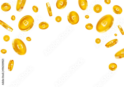 Bitcoin gold coins isolated on transparent background. Digital currency bitcoin coins explosion or splash. Cryptocurrency or electronic payments concept
