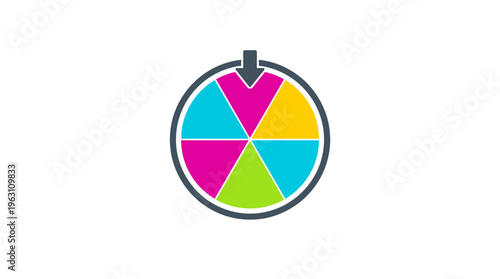 Spinner Wheel Pie Chart, Six Colorful Segments with Arrow Pointer, Game of Chance Decision Making Infographic, Flat Modern CMYK Colors, Vector Graphic Icon Template